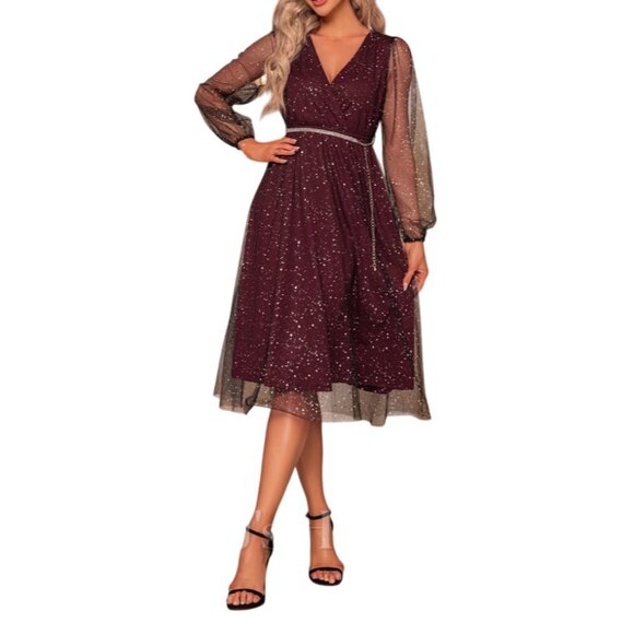 JJs House Burgundy A-Line Dress XL Womens Sparkly Party Gown With Sheer Sleeves - Picture 16 of 16